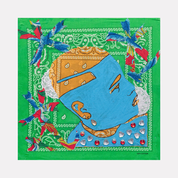 Blue Barbershop 1 by Marco DaSilva features a vibrant mixed-media collage on canvas, centered on a stylized blue profile against a green bandana background. The composition combines orange geometric shapes, silver foil doilies creating texture, red and blue decorative elements, and sparkling rhinestones arranged in a border pattern, creating a dynamic urban art aesthetic.