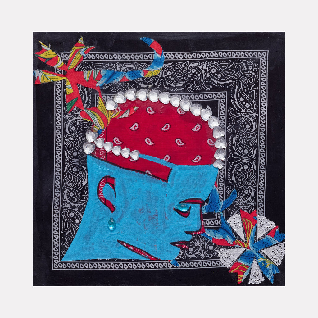 The artwork 'Blue Barbershop 2' by Marco DaSilva features a striking profile portrait in vibrant turquoise set against a black bandana background with intricate paisley patterns. A red bandana adorns the top, decorated with pearl-like rhinestones. Colorful geometric paper decorations in red, blue, and silver accent the corners. Mixed media piece incorporating house paint, markers, fabric, and metallic embellishments on canvas. By Marco DaSilva.