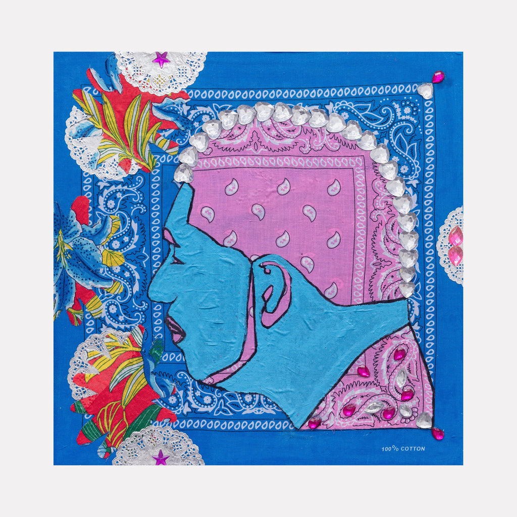 The artwork 'Blue Barbershop 3' by Marco DaSilva features a vibrant mixed-media composition on canvas, showcasing a striking profile silhouette in light blue against a pink bandana pattern. Silver doily accents, tropical floral motifs in red and yellow, and decorative rhinestones adorn the borders against an electric blue background. - Marco DaSilva