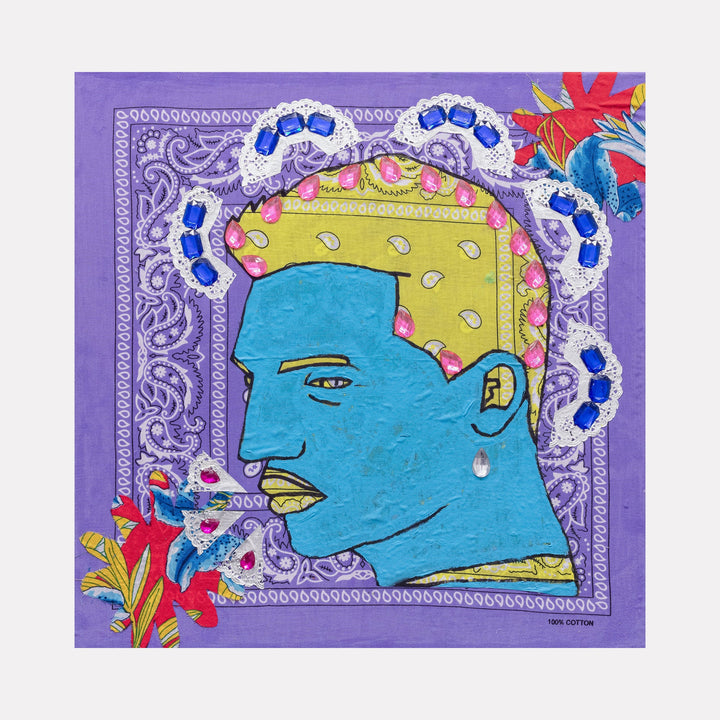 The artwork 'Blue Barbershop 5' by Marco DaSilva features a stylized profile portrait in vibrant turquoise against a purple bandana background, adorned with silver doily borders and blue rhinestones. The figure wears a yellow dotted cap, with red floral accents in the corners, combining mixed media elements on canvas. By Marco DaSilva.