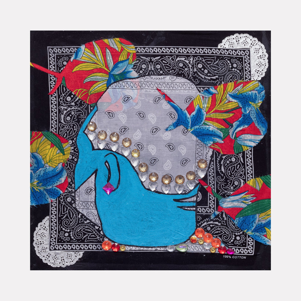 The artwork 'Blue Barbershop 6' by Marco DaSilva features a vibrant blue profile silhouette adorned with rhinestone details against a black bandana background with intricate paisley patterns. Tropical-inspired foliage in red, blue, and yellow frames the composition, while silver doilies accent the corners, creating a mixed-media collage effect on canvas.