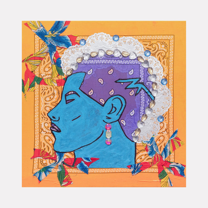 The artwork 'Blue Barbershop 7' by Marco DaSilva features a stylized blue profile against an orange background, adorned with silver doily borders and vibrant blue and red floral accents. The figure wears a purple bandana with teardrop patterns, embellished with rhinestones. Mixed media collage combining house paint, marker, fabric, and metallic elements on canvas. By Marco DaSilva.