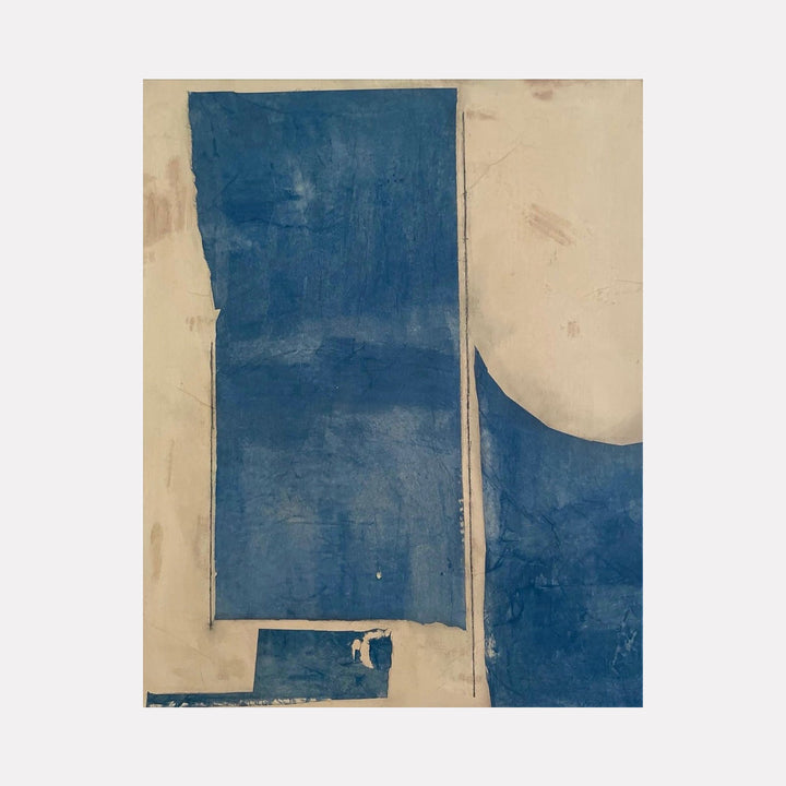 The artwork 'Blue on Buff' by Diane Englander features geometric abstract composition with deep blue rectangular shapes against a warm buff background. The minimalist design showcases textural acrylic brushwork and paper collage elements, creating a striking contrast between cool and warm tones. The 28x22 inch canvas demonstrates modernist influences in its architectural forms.