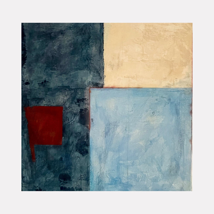 The artwork 'Blues and Beige with Rust' by Diane Englander features a geometric abstract composition with bold color blocks. A deep teal-blue section dominates the left side, complemented by a warm beige area in the upper right and a soft powder blue square below. A striking rust-red rectangle adds contrast to the left panel. Mixed media on reused canvas creates rich textural elements.
