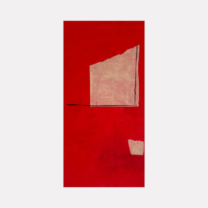 The artwork 'Buff on Red with Lines II' by Diane Englander features geometric paper shapes in buff tones set against a vibrant red canvas background. A prominent angular form dominates the upper portion, with a thin black horizontal line intersecting below. A smaller fragment appears in the lower right, creating minimalist composition using mixed media of papers, pen and acrylic.