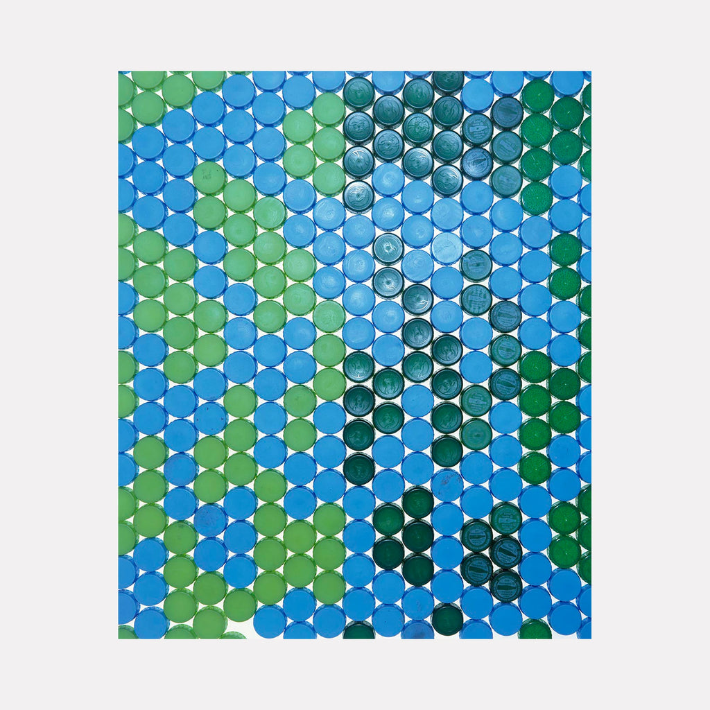 The artwork 'Camouflage' by Dirk Westphal features a mesmerizing mosaic pattern of circular dots in varying shades of blue and green, arranged in a honeycomb-like grid. The dots create an abstract geometric pattern reminiscent of camouflage, with light blue, emerald green, and deep teal circles interconnected by subtle white lines.