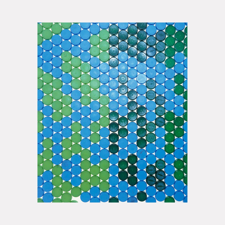 The artwork 'Camouflage' by Dirk Westphal features a mesmerizing mosaic pattern of circular dots in varying shades of blue and green, arranged in a honeycomb-like grid. The dots create an abstract geometric pattern reminiscent of camouflage, with light blue, emerald green, and deep teal circles interconnected by subtle white lines.
