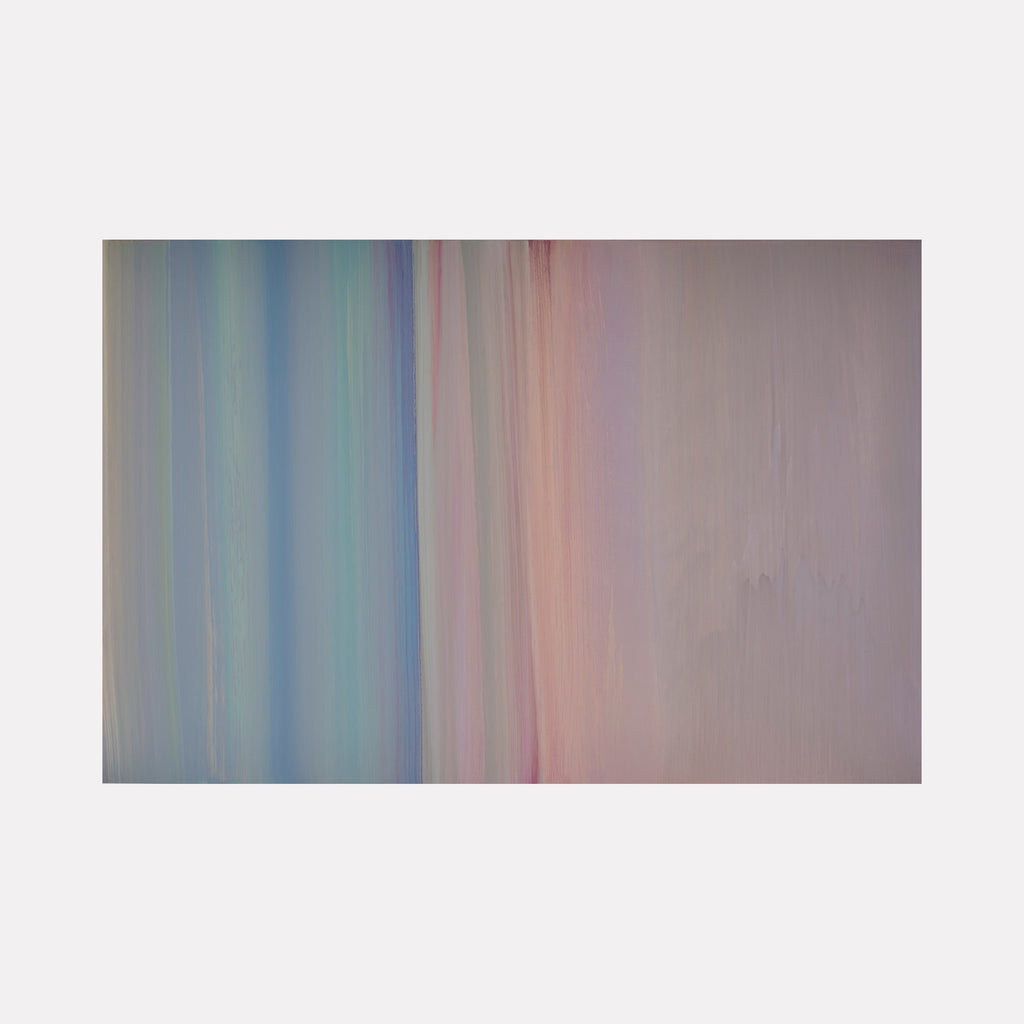 The artwork 'Carrying and Soaring 5' by Willy Bo Richardson features vertical stripes in soft pastel hues, transitioning from cool blues and mint greens on the left to gentle pinks and lilacs on the right. The brushstrokes create a delicate gradient effect on wood panel, showcasing a minimalist abstract composition using acrylic and oil paints.