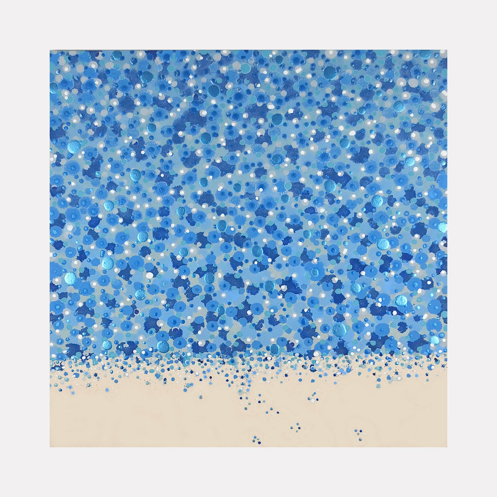 The artwork 'Cascade' by Eric Jiaju Lee features a mesmerizing pattern of blue dots and circles scattered across the canvas, reminiscent of falling water or snow. The composition transitions from a dense cluster of varying blue hues at the top to scattered dots cascading onto a cream-colored base, creating a dynamic waterfall effect. Created in acrylic on canvas, 36x36 inches, by Eric Jiaju Lee.