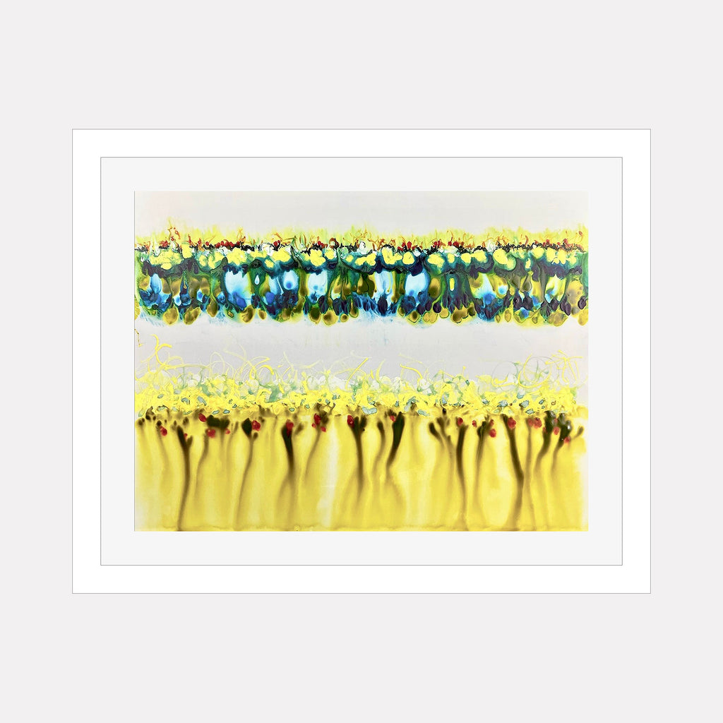 The artwork "CONFLICT ZONE 14" by Lyn Godley features two horizontal bands of abstract forms with vibrant yellow, green, and blue hues. The top band combines fluid organic shapes reminiscent of stained glass, while the bottom band displays softer, flowing textures with dark accents. The style echoes elements of Joan Miró and Helen Frankenthaler’s abstract expressionism.