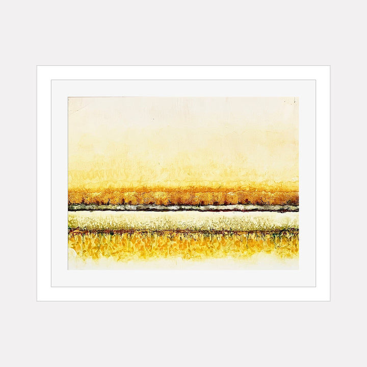 The artwork "CONFLICT ZONE 17" by Lyn Godley features horizontal abstract bands in warm amber and ochre tones, layered with textured brushstrokes reminiscent of Mark Rothko's color field paintings. The composition combines a soft gradient background with vibrant, earthy textures, creating a contemplative and dynamic visual experience in modern abstract style.