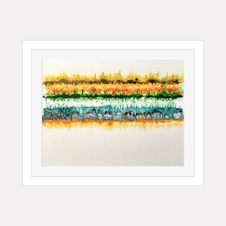 The artwork "CONFLICT ZONE 24" by Lyn Godley features layered horizontal bands of vibrant colors including golden yellow, orange, green, and teal, with abstract organic shapes and textures reminiscent of watercolor and ink techniques. The piece evokes a style similar to Mark Rothko’s color field paintings and the fluidity of Helen Frankenthaler’s work.
