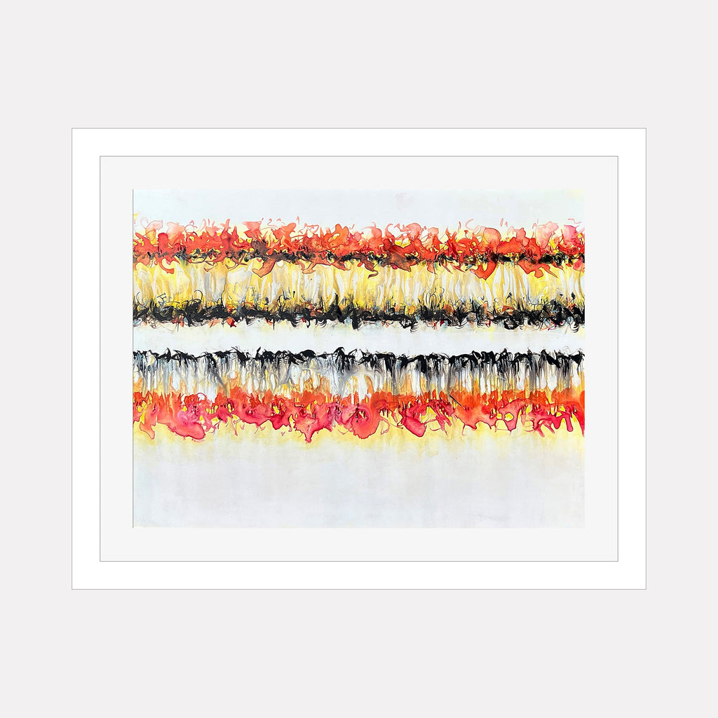 The artwork "CONFLICT ZONE 32" by Lyn Godley features horizontal bands of vibrant reds, oranges, yellows, and contrasting blacks on a soft white background. The piece is reminiscent of abstract expressionism, with textured, fluid brushstrokes evoking movement and intensity, similar in style to works by Mark Rothko and Clyfford Still.