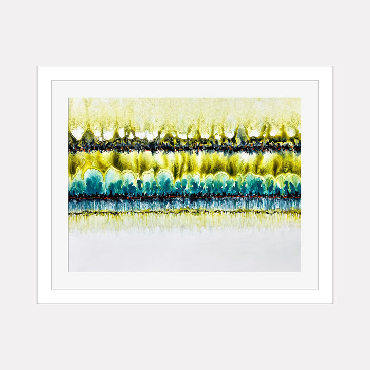 The artwork "CONFLICT ZONE 35" by Lyn Godley features fluid horizontal bands of vibrant yellow, green, and teal with textured, organic patterns reminiscent of Helen Frankenthaler's color field paintings and the abstract expressionism of Mark Rothko. The piece combines flowing watercolor textures and layered pigments creating a dynamic, ethereal composition.