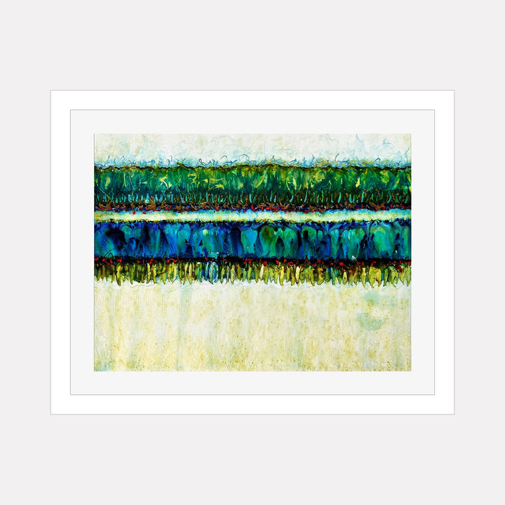 The artwork CONFLICT ZONE 37 by Lyn Godley features horizontal bands of textured blues and greens layered with an abstract, almost organic style reminiscent of Mark Rothko’s color field paintings and the expressive texture of Gerhard Richter’s abstracts. The piece combines rich layering and depth with a subtle, off-white background, evoking natural landscapes.