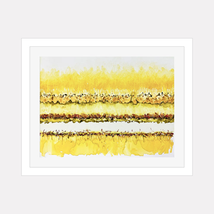 The artwork CONFLICT ZONE 41 by Lyn Godley features horizontal bands of textured yellow and earthy brown hues reminiscent of Mark Rothko's color field paintings and the layered abstraction of Gerhard Richter. The piece uses vibrant yellows with organic, almost floral patterns and rough edges, creating a dynamic and contemplative abstract landscape.