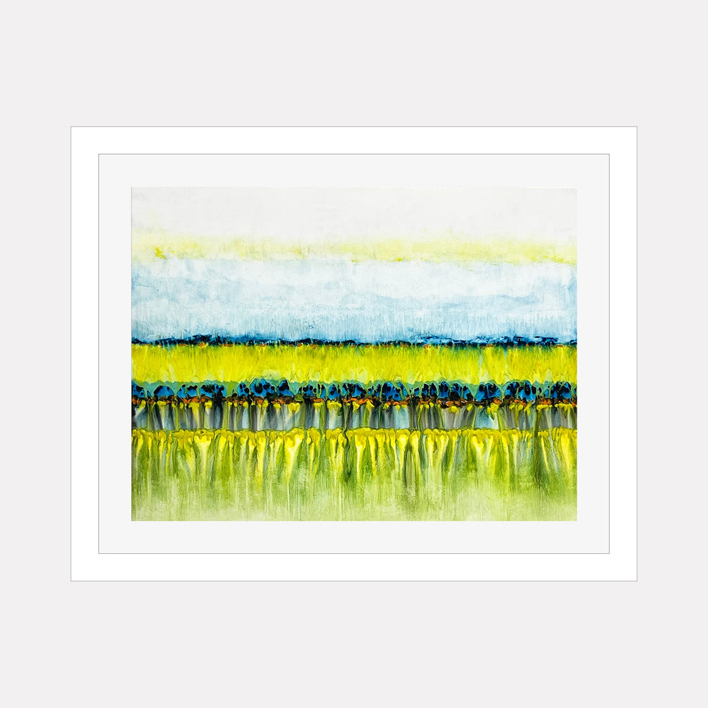 The artwork CONFLICT ZONE 52 by Lyn Godley features horizontal bands of color with textured layers in shades of blue, yellow, green, and white. The piece evokes a serene landscape with a soft, flowing quality reminiscent of Mark Rothko’s abstract fields combined with the detailed textures similar to Gerhard Richter’s contemporary style.