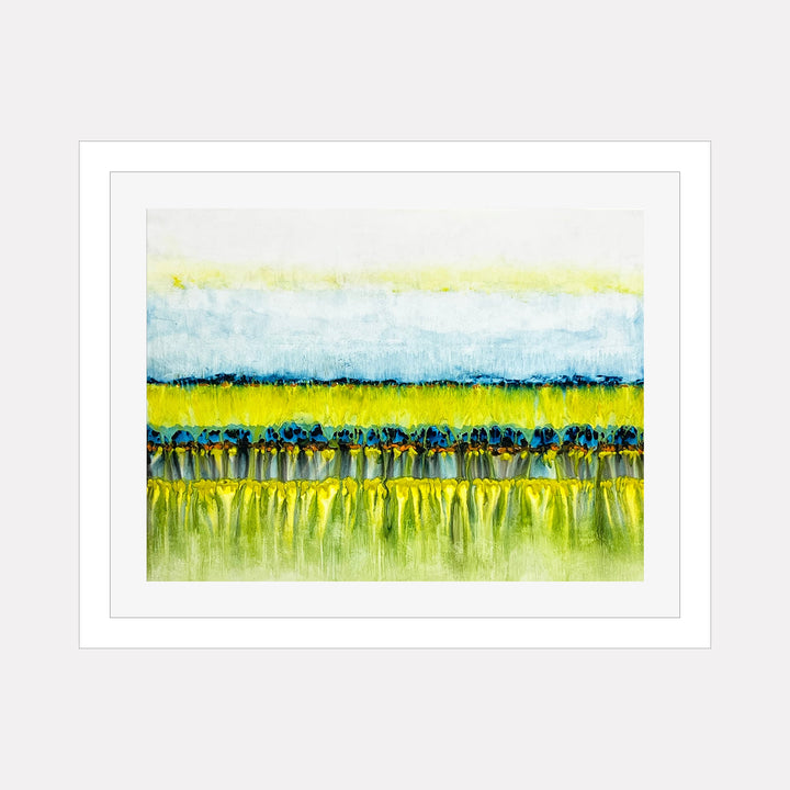 The artwork CONFLICT ZONE 52 by Lyn Godley features horizontal bands of color with textured layers in shades of blue, yellow, green, and white. The piece evokes a serene landscape with a soft, flowing quality reminiscent of Mark Rothko’s abstract fields combined with the detailed textures similar to Gerhard Richter’s contemporary style.