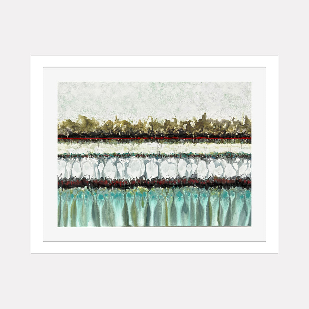 The artwork CONFLICT ZONE 65 by Lyn Godley features horizontal bands of textured layers in muted gold, white, deep red, and teal blue hues. The piece evokes the abstract expressionism style reminiscent of Mark Rothko with its emphasis on color fields and subtle gradients, blending organic shapes to create a contemplative and atmospheric composition.