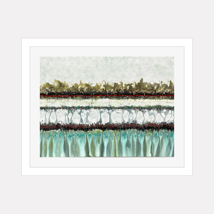 The artwork CONFLICT ZONE 65 by Lyn Godley features horizontal bands of textured layers in muted gold, white, deep red, and teal blue hues. The piece evokes the abstract expressionism style reminiscent of Mark Rothko with its emphasis on color fields and subtle gradients, blending organic shapes to create a contemplative and atmospheric composition.