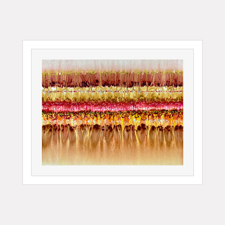 The artwork "CONFLICT ZONE 71" by Lyn Godley features layered horizontal bands of earthy tones including browns, golds, and reds in a textured, abstract style reminiscent of Mark Rothko’s color fields and Gerhard Richter’s blurred effects. The piece blends organic shapes and fluid textures evoking depth and movement in a contemporary mixed-media approach.