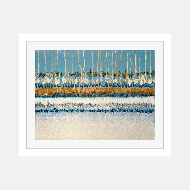 The artwork CONFLICT ZONE 72 by Lyn Godley features layered horizontal bands of textured colors and reflective surfaces in shades of blue, gold, white, and beige. The piece evokes abstract expressionism with vertical lines reminiscent of Jackson Pollock’s drip technique and color fields similar to Mark Rothko’s work, blending organic and geometric forms in a dynamic composition.