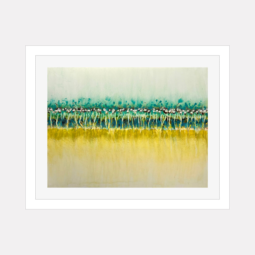 The artwork "CONFLICT ZONE 93" by Lyn Godley features an abstract landscape with a horizontal band of textured, organic shapes resembling delicate flowers or plants in muted greens and soft whites, contrasted against a golden yellow lower half and a pale, misty upper background. The style evokes the serene abstraction of Mark Rothko and the subtle detailing reminiscent of Georgia O'Keeffe.
