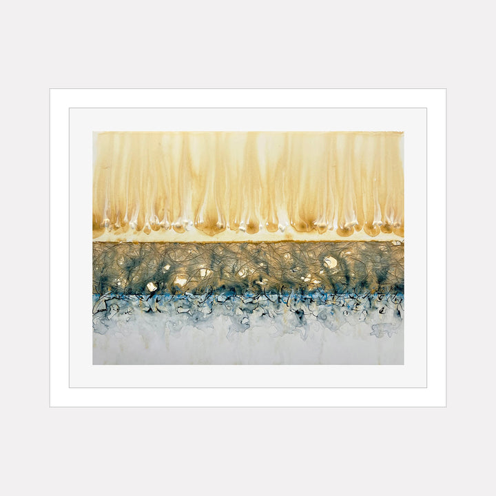The artwork "CONFLICT ZONE 95" by Lyn Godley features an abstract composition with layered horizontal bands in warm beige and muted blue tones. The top section displays flowing, organic shapes reminiscent of Mark Rothko’s color fields, while the middle and lower areas incorporate textured, intricate lines and soft gradients echoing the delicate complexity of Helen Frankenthaler’s watercolors. The piece evokes a serene yet dynamic interplay of for