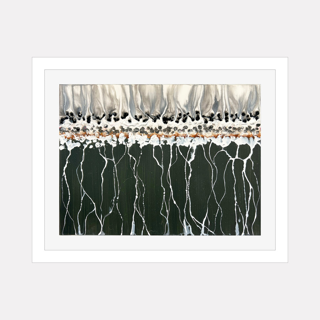 The artwork "CONFLICT ZONE 98" by Lyn Godley features an abstract composition with a tactile interplay of textures and colors. The piece displays a layered arrangement of flowing white and beige forms at the top, resembling fabric or smoke, contrasted by a dense, dark green lower section streaked with fine white lines. The style evokes elements of Louise Nevelson’s assemblage art and Agnes Martin’s linear abstraction, blending organic shapes with