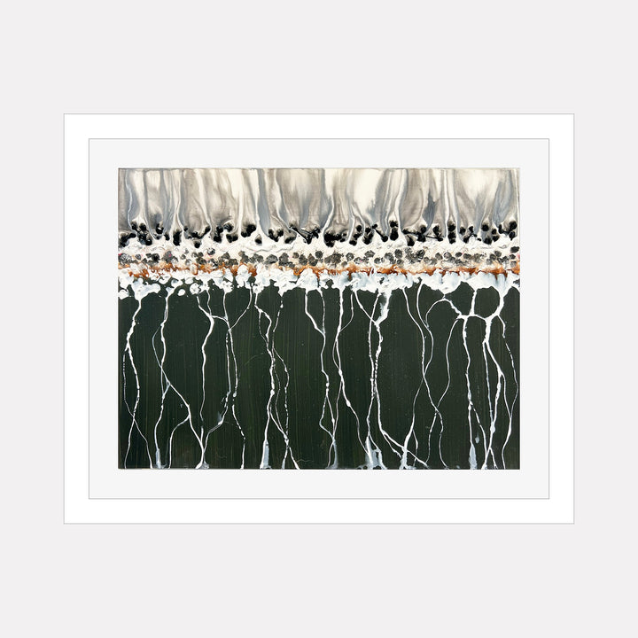 The artwork "CONFLICT ZONE 98" by Lyn Godley features an abstract composition with a tactile interplay of textures and colors. The piece displays a layered arrangement of flowing white and beige forms at the top, resembling fabric or smoke, contrasted by a dense, dark green lower section streaked with fine white lines. The style evokes elements of Louise Nevelson’s assemblage art and Agnes Martin’s linear abstraction, blending organic shapes with