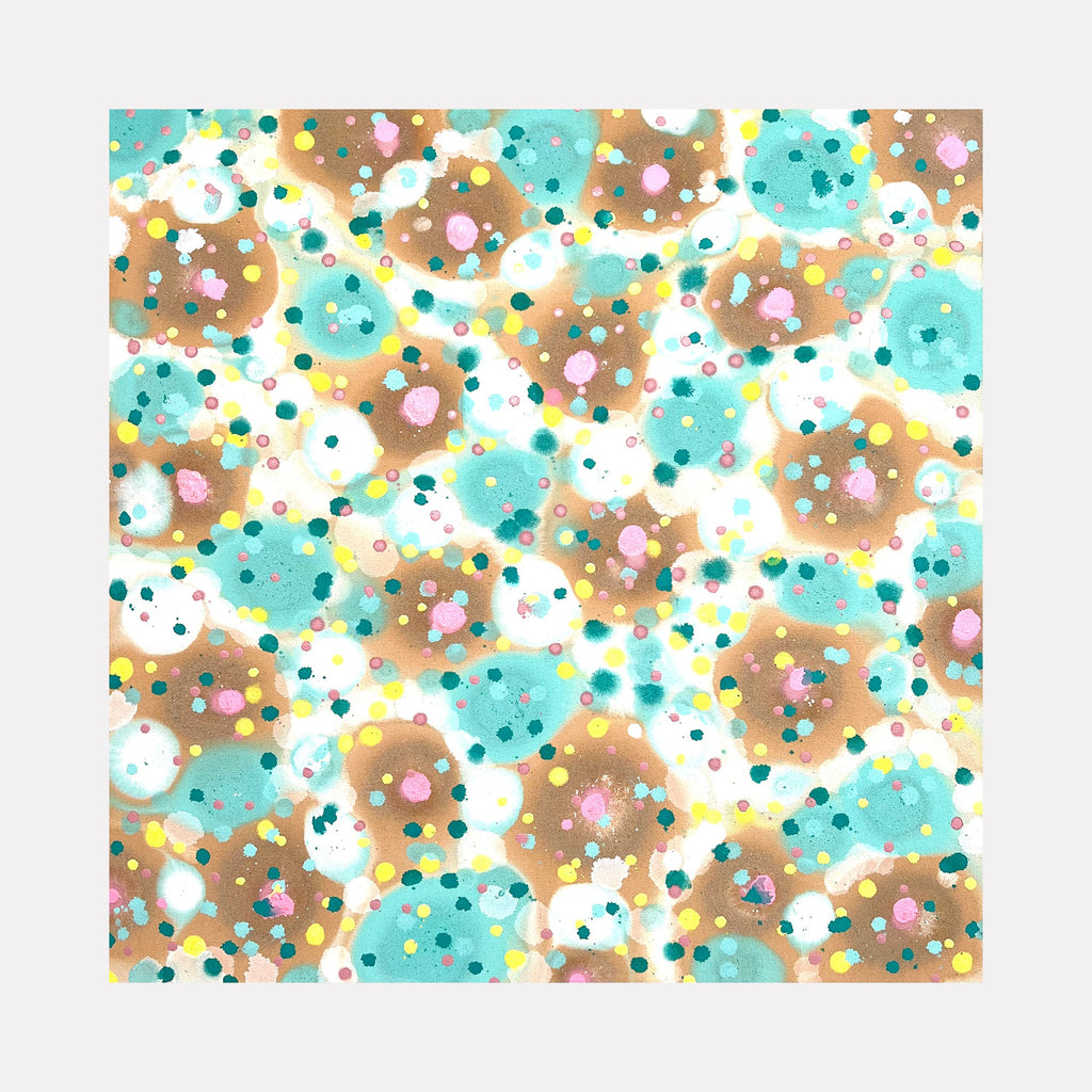 The artwork 'Cosmic Confectionery' by Eric Jiaju Lee features a playful abstract pattern of turquoise and bronze splotches dotted with multicolored spots. The composition resembles a celestial view of scattered nebulae, with white negative space creating depth. The 30x30 inch acrylic painting combines soft watercolor-like effects with precise dot work, creating a whimsical, cosmic confectionery effect.