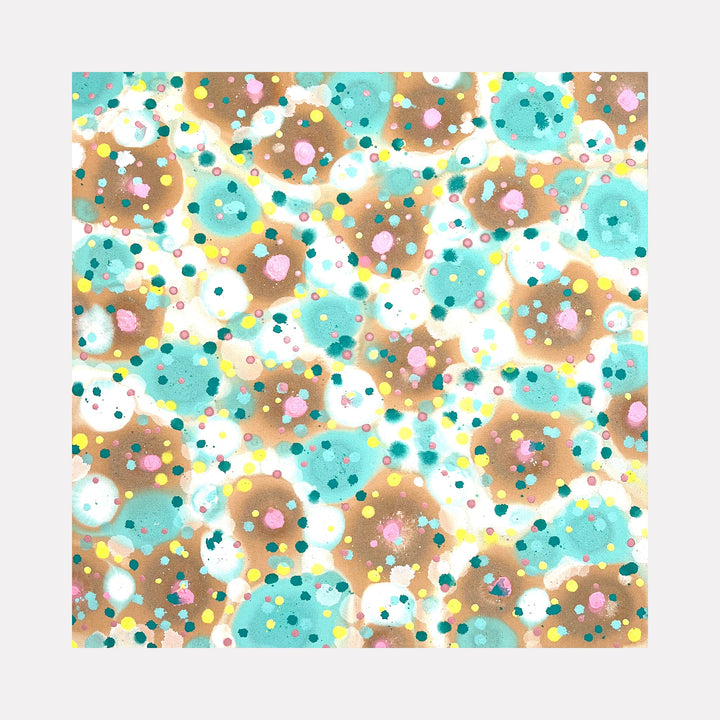 The artwork 'Cosmic Confectionery' by Eric Jiaju Lee features a playful abstract pattern of turquoise and bronze splotches dotted with multicolored spots. The composition resembles a celestial view of scattered nebulae, with white negative space creating depth. The 30x30 inch acrylic painting combines soft watercolor-like effects with precise dot work, creating a whimsical, cosmic confectionery effect.