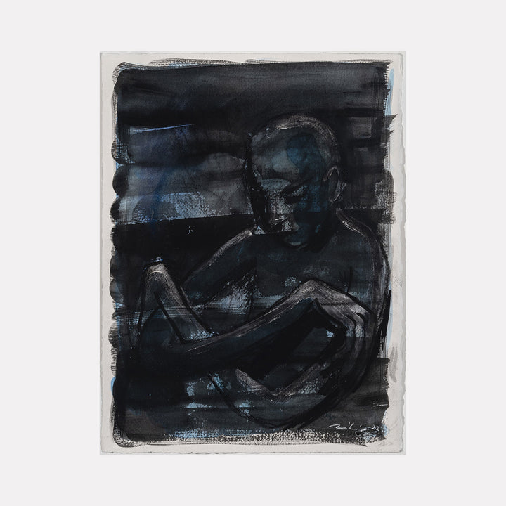 The artwork 'Crossed Arms' by AnkI King depicts a shadowy figure rendered in dark blues and blacks using ink and charcoal on paper. The expressive brushstrokes create a moody atmosphere, with the subject positioned against a dark background. The composition emphasizes strong contrasts and gestural mark-making, capturing a contemplative pose. 15x11 inches, by AnkI King.