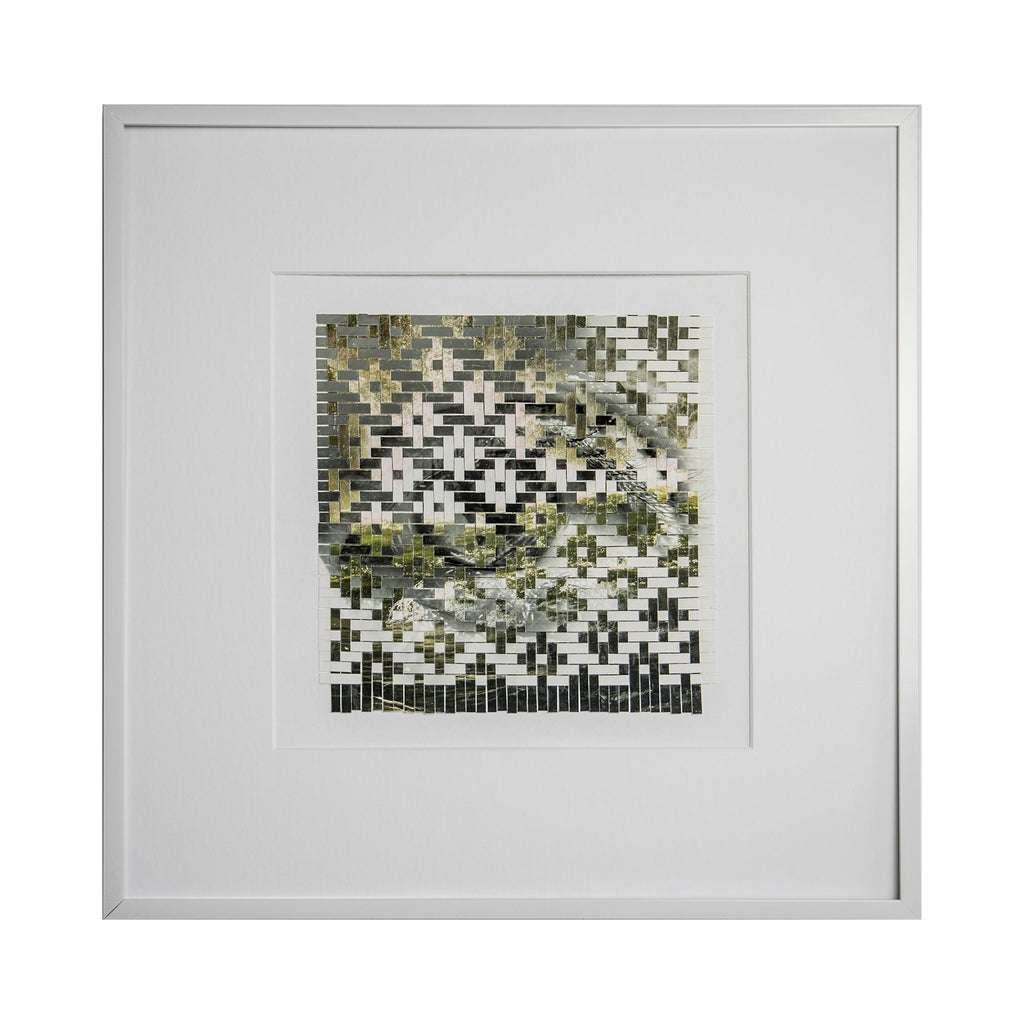 The artwork 'The Green Door' by Kiana Honarmand features an intricate mosaic pattern of hand-cut and woven giclee prints in a 16x16 inch composition. The design showcases a pixelated effect in shades of olive green, black, and white, creating an abstract geometric pattern that resembles a digitally distorted doorway. Framed in crisp white matting, the piece exhibits contemporary artistic technique.