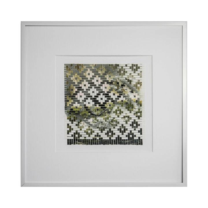 The artwork 'The Green Door' by Kiana Honarmand features an intricate mosaic pattern of hand-cut and woven giclee prints in a 16x16 inch composition. The design showcases a pixelated effect in shades of olive green, black, and white, creating an abstract geometric pattern that resembles a digitally distorted doorway. Framed in crisp white matting, the piece exhibits contemporary artistic technique.