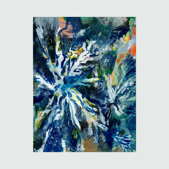 The artwork 'Cyanotype II' by Molly Herman features dynamic abstract expressionist brushstrokes in deep navy blues and crisp whites, creating an explosive radial pattern. Vibrant touches of yellow, orange, and emerald green accent the composition, while fluid waterbased pigments blend with oil paint on birch, producing a dynamic oceanic effect with crystalline formations.