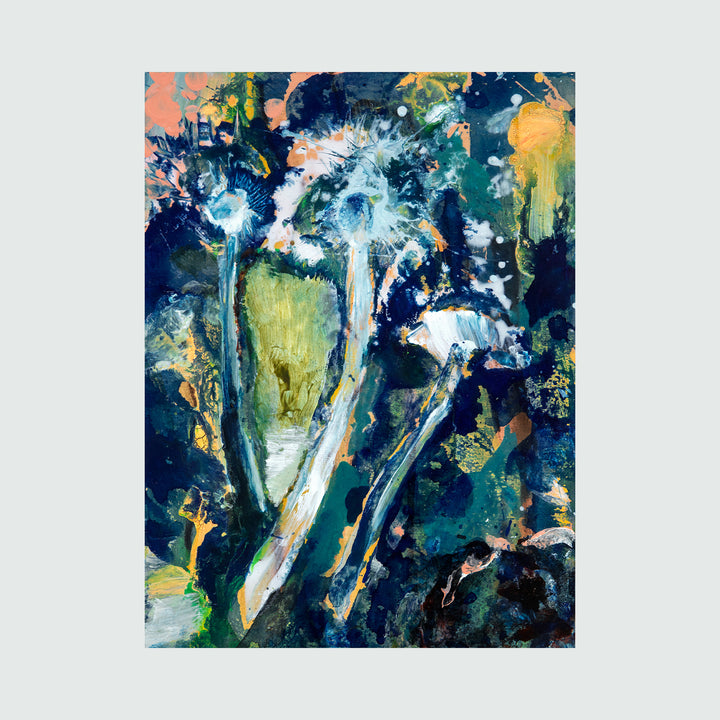 The artwork 'Cyanotype III' by Molly Herman features dynamic abstract brushstrokes in deep navy blues and seafoam greens, with splashes of golden yellow and coral accents. The composition suggests organic forms rising vertically, created with expressive waterbased pigment and oil on birch, creating a layered, ethereal effect reminiscent of underwater landscapes.