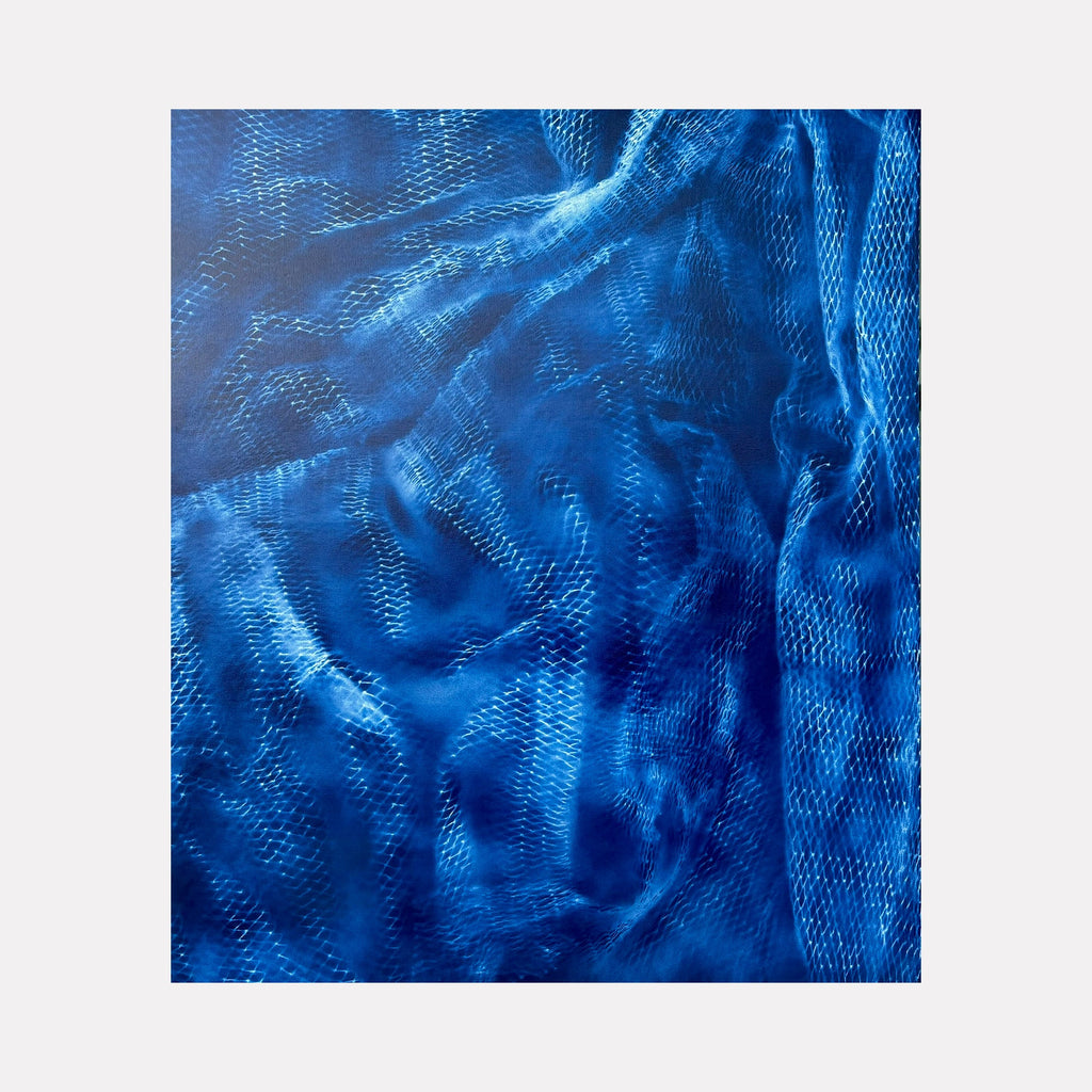 Dream Catcher by Gina Iannucci features ethereal swirls of vibrant cobalt and cerulean blue spray paint on canvas, creating a mesmerizing ripple effect reminiscent of underwater currents. The textured surface displays intricate wave-like patterns with varying depths and intensities, showcasing a dynamic contemporary abstract style.