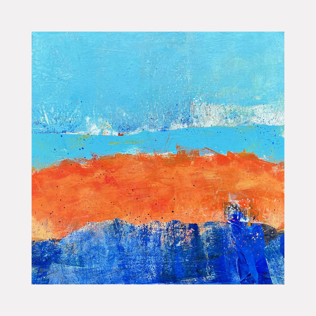The artwork 'Dancing on the Shore' by Karen L. Burns features vibrant layers of abstract landscapes with bright turquoise sky, orange shoreline, and deep cobalt blue waters. Textured acrylic brushstrokes and mixed media create a dynamic coastal scene with splattered paint effects suggesting movement and ocean spray. 12x12 inch contemporary seascape by Karen L. Burns.