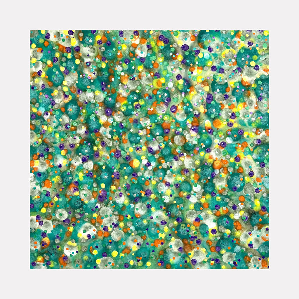 The artwork 'Dans le Jardin' by Eric Jiaju Lee features a vibrant abstract composition of scattered circular forms in emerald green, turquoise, and yellow tones. The painting creates a dynamic pattern reminiscent of floating water lilies or garden flowers, with white highlights and purple accents scattered throughout the 30x30 inch acrylic canvas.