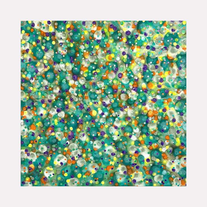 The artwork 'Dans le Jardin' by Eric Jiaju Lee features a vibrant abstract composition of scattered circular forms in emerald green, turquoise, and yellow tones. The painting creates a dynamic pattern reminiscent of floating water lilies or garden flowers, with white highlights and purple accents scattered throughout the 30x30 inch acrylic canvas.