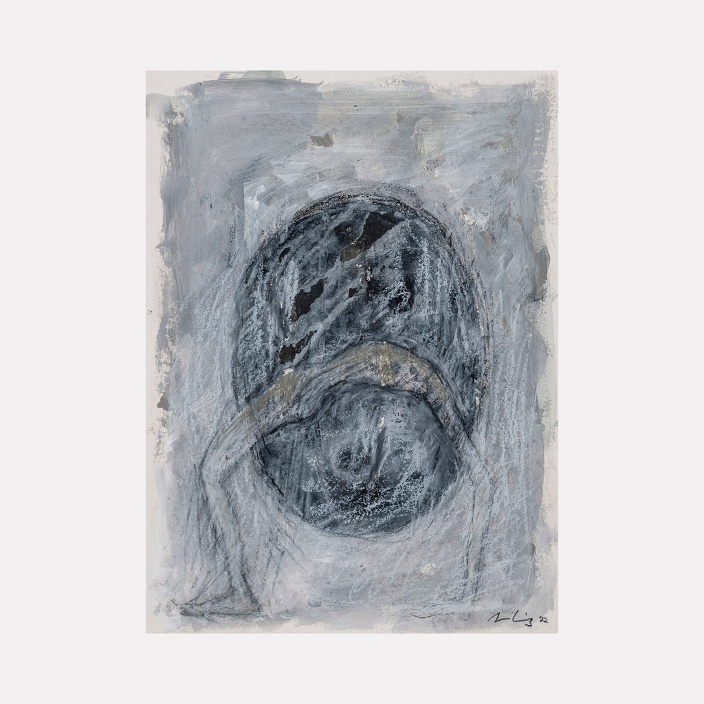 The artwork 'Dark Bend' by AnkI King features a monochromatic abstract composition in shades of gray and charcoal. A circular form dominates the center, creating a swirling vortex effect with textured brushstrokes. The mixed media technique combines rough and smooth textures on paper, surrounded by misty atmospheric edges. Original artwork measures 15x11 inches. By AnkI King.