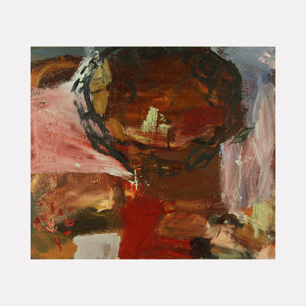 The artwork 'Darwin's Dilemmas' by Christopher Blyth features bold abstract expressionist strokes in rich earth tones, with dramatic sweeps of deep reds, burnt siennas, and pale pinks. The oil on linen painting showcases dynamic brushwork creating organic forms and textural contrasts, suggesting geological or evolutionary themes through its layered composition and fluid movement. By Christopher Blyth.
