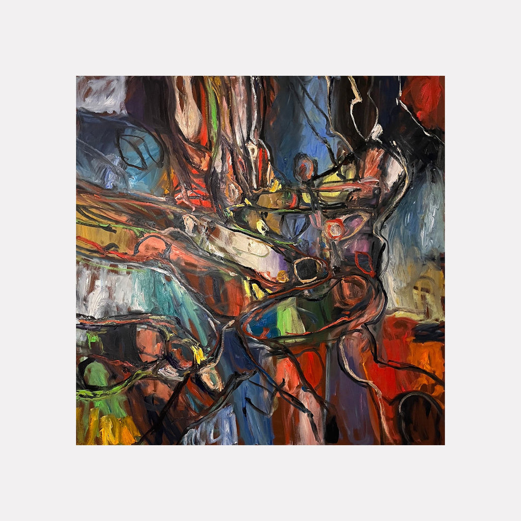 Devonia by David Quentin Sheldon evokes dynamic motion through fluid, intertwining lines and vibrant contrasting colors. The abstract composition blends warm reds, oranges, and greens with cooler blues and blacks, suggesting energetic human forms and a complex interplay of shapes that create a vivid, expressive atmosphere.