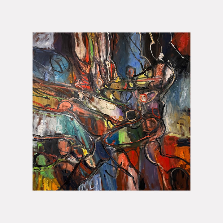 Devonia by David Quentin Sheldon evokes dynamic motion through fluid, intertwining lines and vibrant contrasting colors. The abstract composition blends warm reds, oranges, and greens with cooler blues and blacks, suggesting energetic human forms and a complex interplay of shapes that create a vivid, expressive atmosphere.