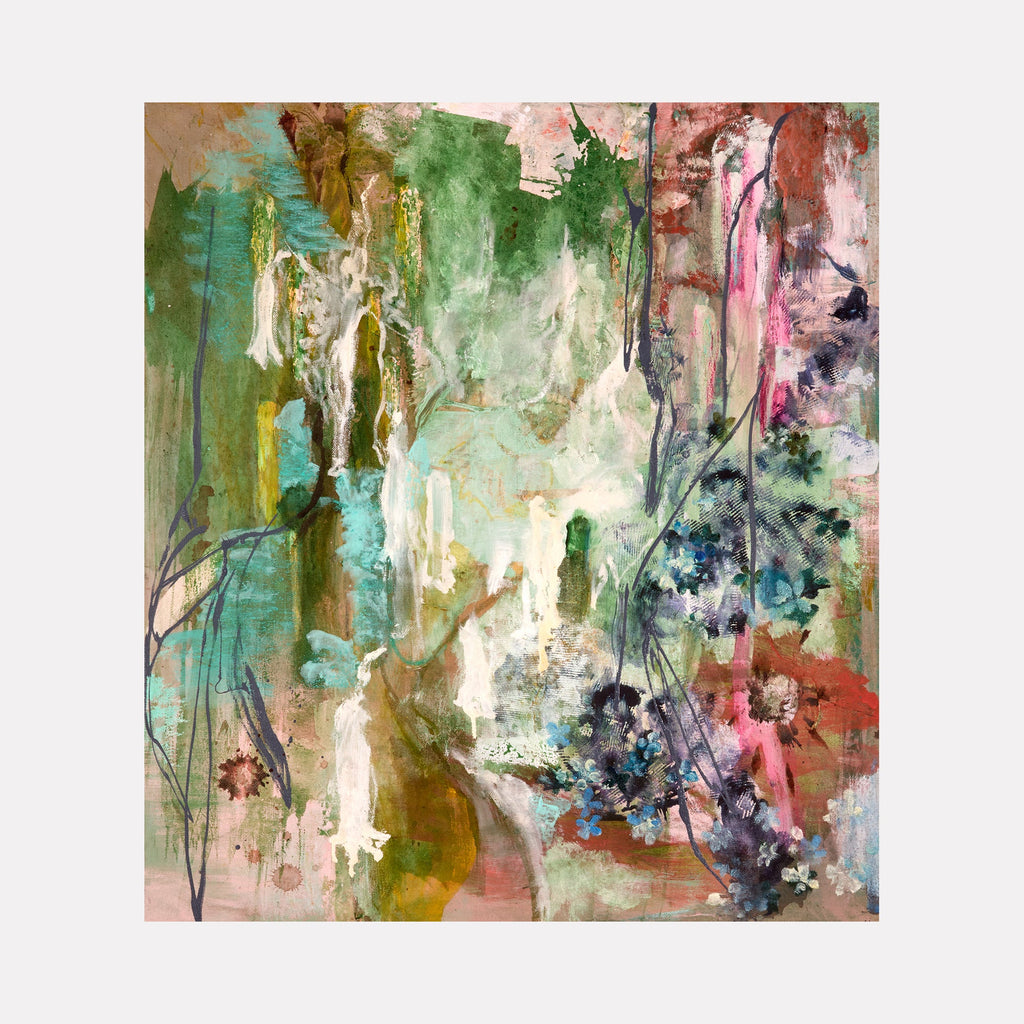 The artwork 'Down The Garden Path' by Molly Herman features ethereal brushstrokes in soft pastels, blending mint greens, turquoise, and coral pink. Abstract organic forms suggest a dreamy garden landscape, with flowing vertical lines and delicate washes of color on linen canvas. Textural elements created through mixed acrylic and oil techniques evoke natural foliage and floral elements. By Molly Herman.
