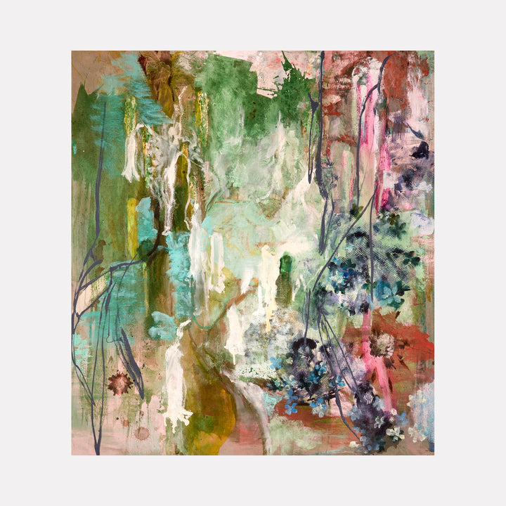 The artwork 'Down The Garden Path' by Molly Herman features ethereal brushstrokes in soft pastels, blending mint greens, turquoise, and coral pink. Abstract organic forms suggest a dreamy garden landscape, with flowing vertical lines and delicate washes of color on linen canvas. Textural elements created through mixed acrylic and oil techniques evoke natural foliage and floral elements. By Molly Herman.