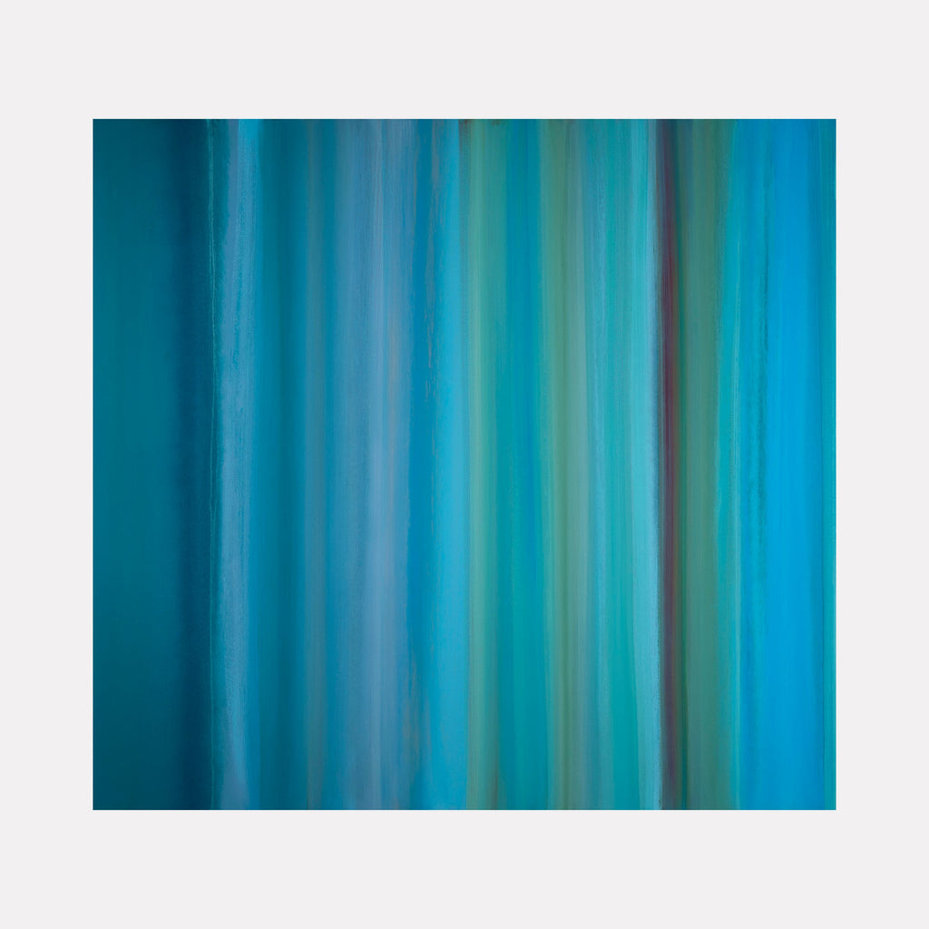 The artwork 'Eastern Gate 12' by Willy Bo Richardson features vertical brushstrokes in varying shades of turquoise, teal, and aqua blue creating a harmonious gradient effect. The oil painting on canvas showcases smooth transitions between colors, embodying a contemporary abstract style with flowing linear patterns, measuring 53 by 57 inches. By Willy Bo Richardson.