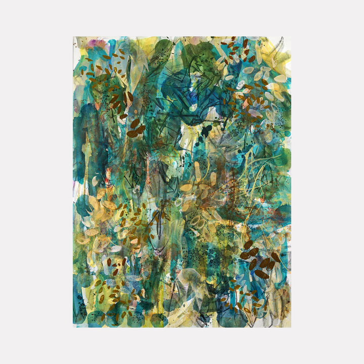 The artwork 'Eden' by Lisa Petker Mintz features an abstract composition with vibrant turquoise and emerald hues blending into golden yellows. The acrylic painting evokes a lush forest canopy with layered brushstrokes creating depth and movement. Fluid organic shapes and translucent washes suggest foliage and dappled light, capturing a natural paradise on canvas.