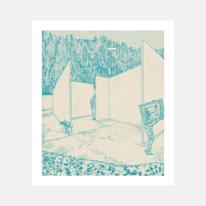 The artwork 'Empty Gallery' features a minimalist architectural illustration in turquoise blue lines on cream background, depicting angular gallery walls in perspective with mountainous landscape behind. A stylized figure carries a framed artwork near geometric exhibition spaces. Digital print by Steve Moors.